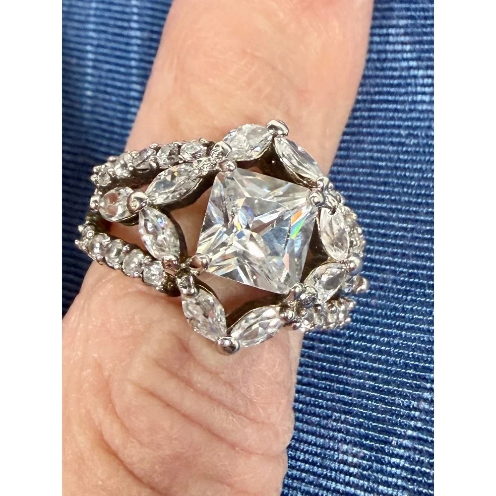 925 Sterling Silver Princess Cut Marquise CZ Statement Cocktail Ring Size 6 3/4